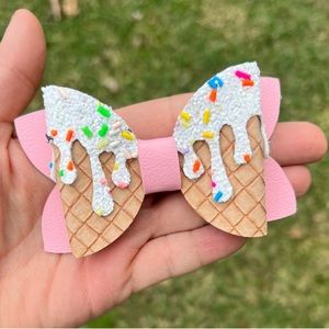 Ice cream bow faux leather pink sprinkles girl baby handmade